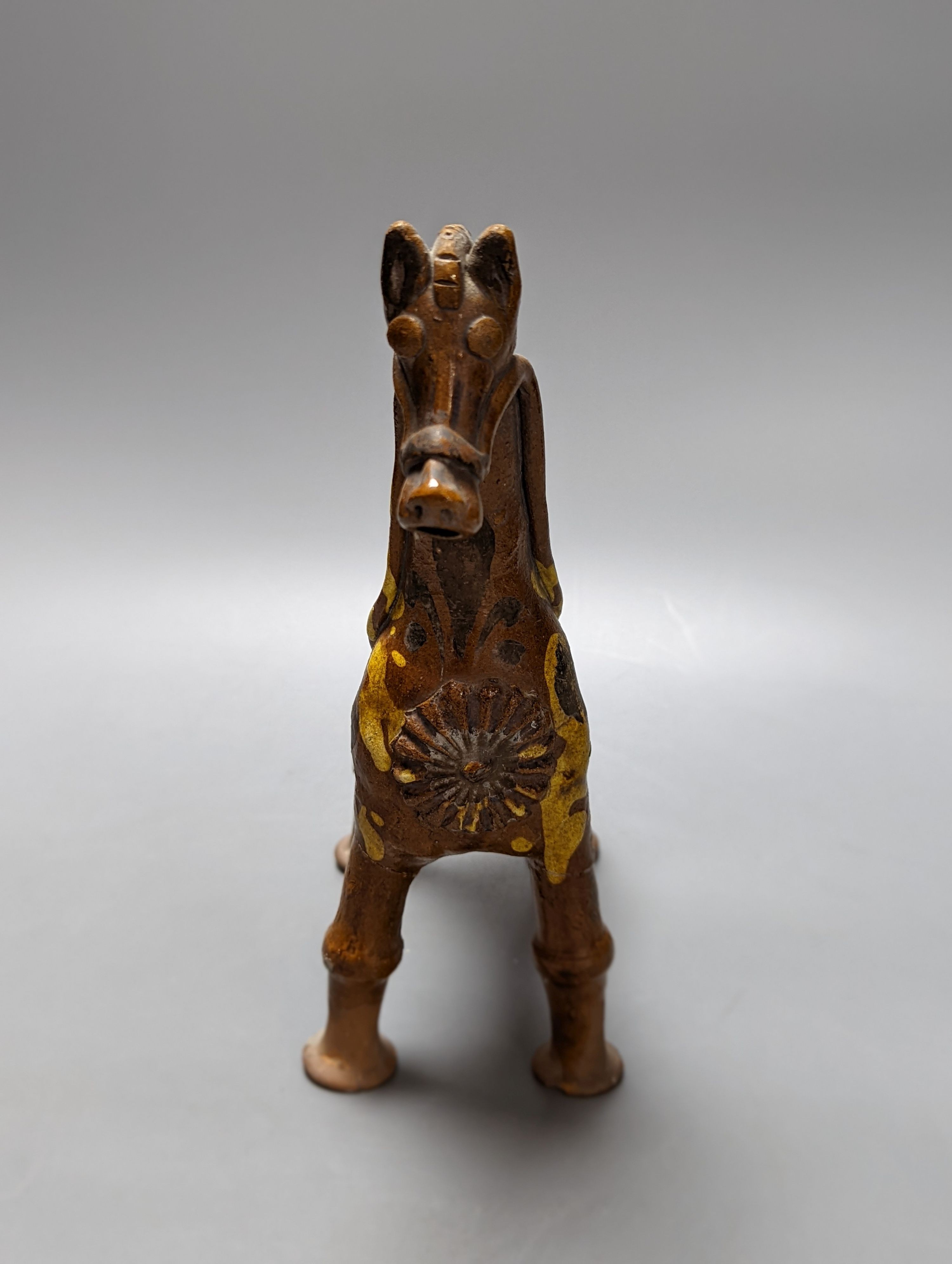 A Çanakkale pottery horse vessel, 19th century, 24cm, repairs